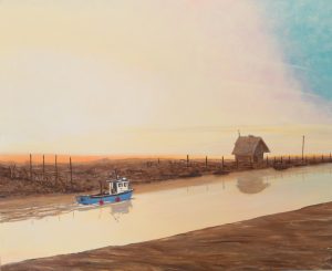 Early morning trawler at Southwold harbour painting by Arne Barker