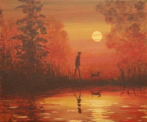 With dog by water painting by Arne Barker