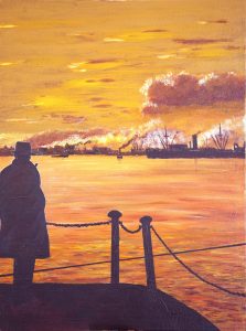 Thames 1950's - Gentleman watching river traffic painting by Arne Barker