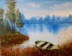 Rowboat in reeds painting by Arne Barker