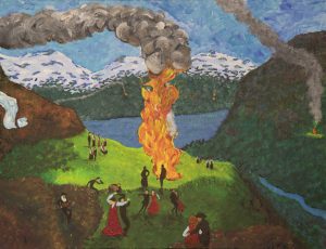 Artwork by Arne Barker Midsummer eve bonfire - Norwegian fjord c 1910