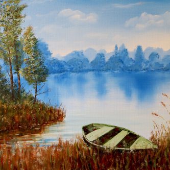Rowboat in reeds painting by Arne Barker